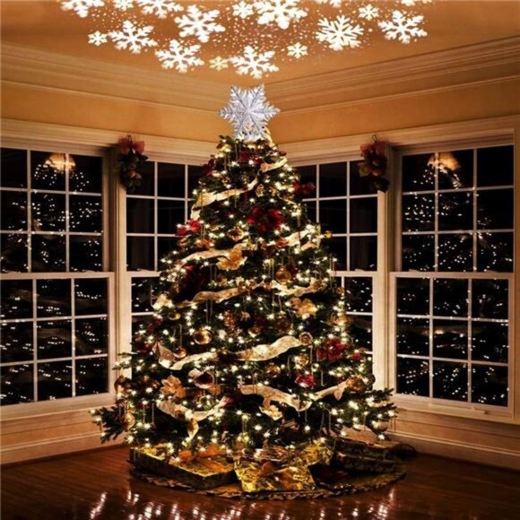Christmas Tree Topper Lighted with LED Rotating Silver Snowflake Decor Projector - Picture 2 of 7